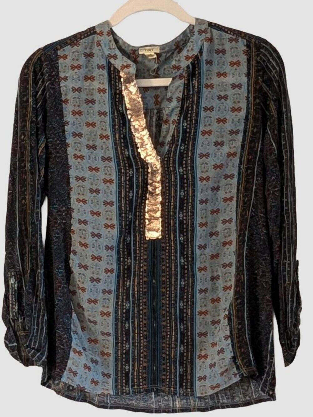 Anthropologie Tiny Devas Boho Blouse XS Mixed Print Gold Sequin Popover Top